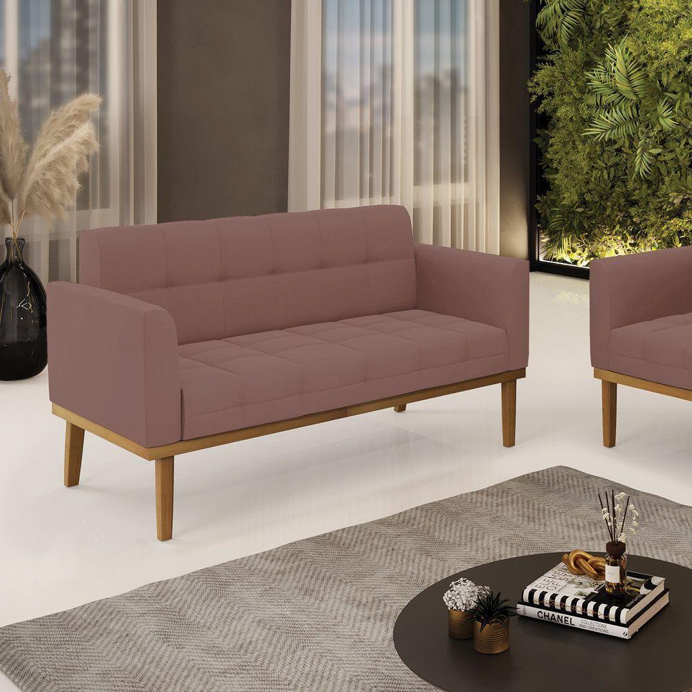 Sofá Namoradeira 2 Lugares Base De Madeira Castanho Elisa Veludo D03 - D'rossi Cor Rose - 6