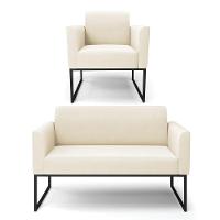 Sofá Namoradeira Com Poltrona Base Industrial Preto Marisa Veludo Bege D03 - D'rossi - 1