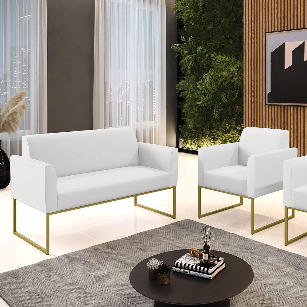Sofá Namoradeira Com Poltrona Base Industrial Dourado Marisa Corino Branco D03 - D'rossi - 7