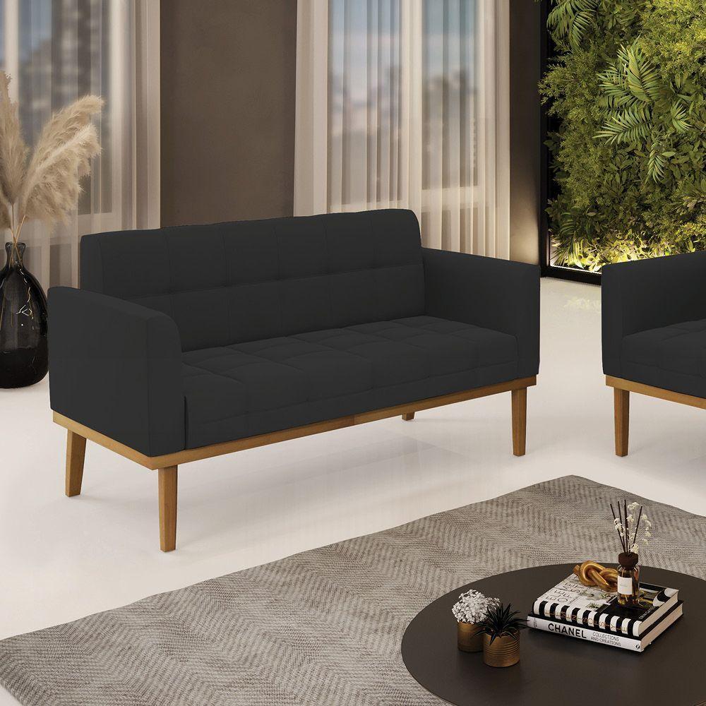 Sofá Namoradeira 2 Lugares Base De Madeira Castanho Elisa Veludo D03 - D'rossi Cor Preto - 6