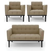 Sofá Namoradeira E 2 Poltronas Base De Madeira Preto Elisa Suede Marrom Rato D03 - D'rossi - 1