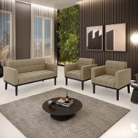 Sofá Namoradeira E 2 Poltronas Base De Madeira Preto Elisa Suede Marrom Rato D03 - D'rossi - 6