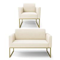 Sofá Namoradeira Com Poltrona Base Industrial Dourado Marisa Veludo Bege D03 - D'rossi - 1