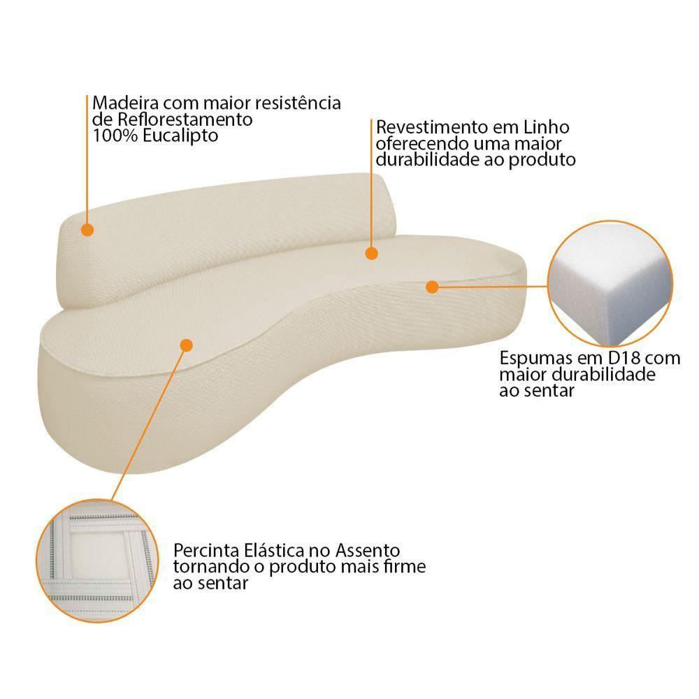 Sofá Curvo 3 Lugares Amsterdã 180cm Linho - Doce Sonho Móveis Cor Bege - 3