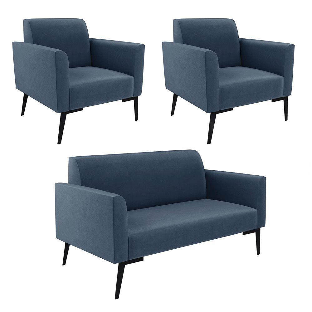Sofá Namoradeira Com 2 Poltronas Pés Villach Marisa Suede Azul Marinho D03 - D'rossi - 1