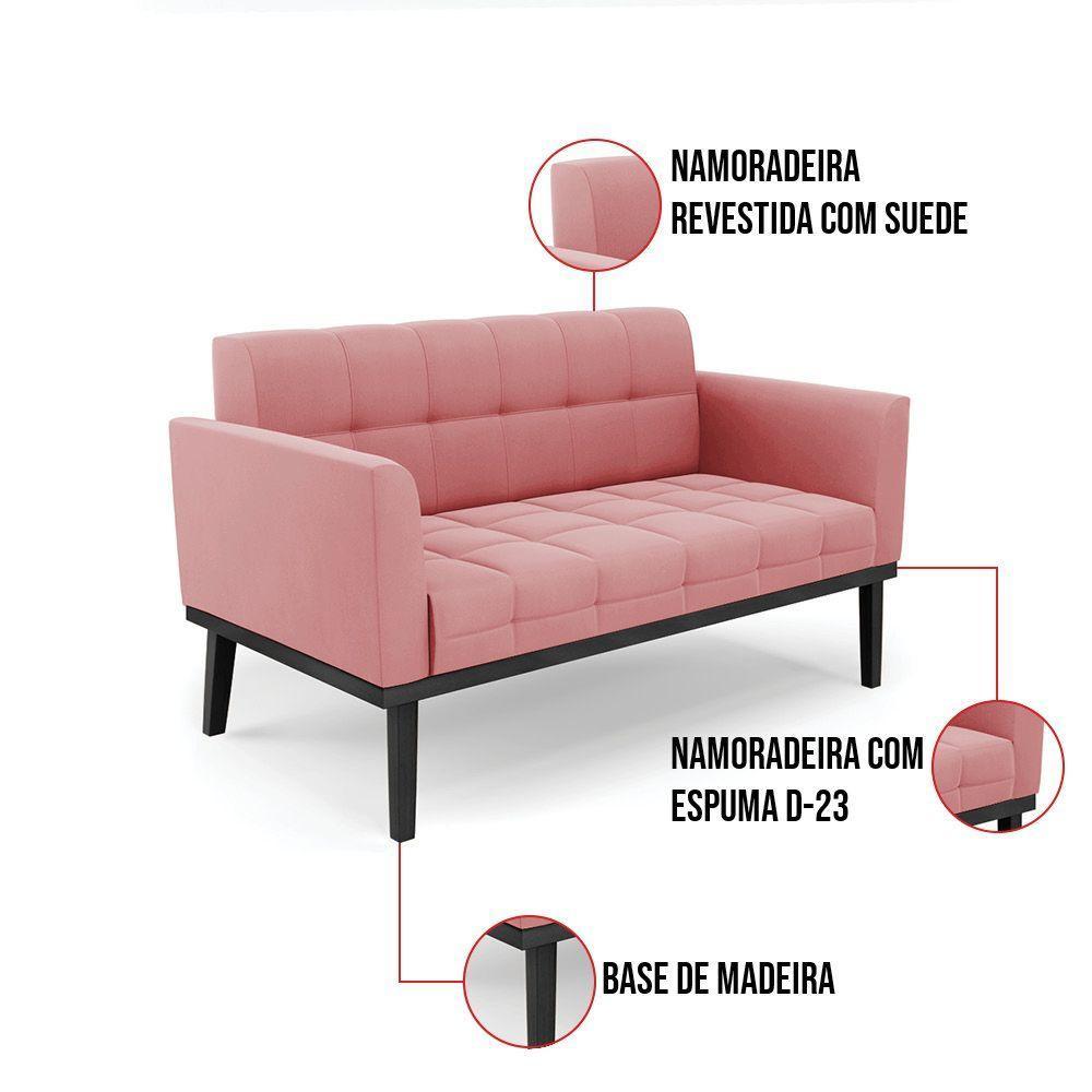 Sofá Namoradeira E Poltrona Base De Madeira Preto Elisa Suede D03 - D'rossi Cor Rose - 3
