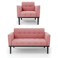 Sofá Namoradeira E Poltrona Base De Madeira Preto Elisa Suede D03 - D'rossi Cor Rose - 1