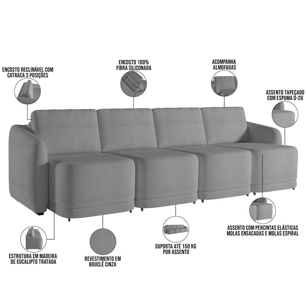 Sofá Cama Para Sala De Estar 4 Lugares 396cm Montserrat K01 Bouclê Cinza - Lyam Decor - 8