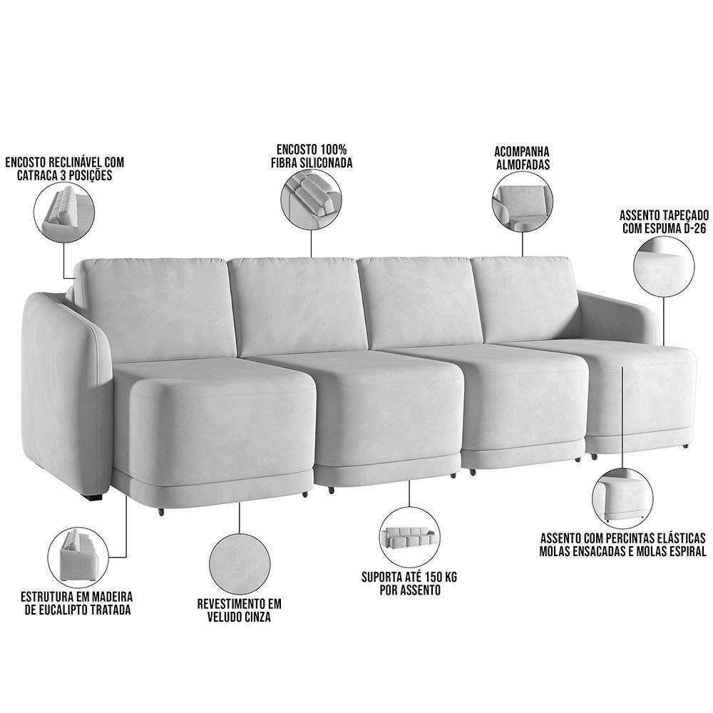 Sofá Cama Para Sala De Estar 4 Lugares 356cm Montserrat K01 Veludo Cinza - Lyam Decor - 8