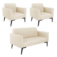 Sofá Namoradeira Com 2 Poltronas Pés Villach Marisa Linho Bege A19 D03 - D'rossi - 1