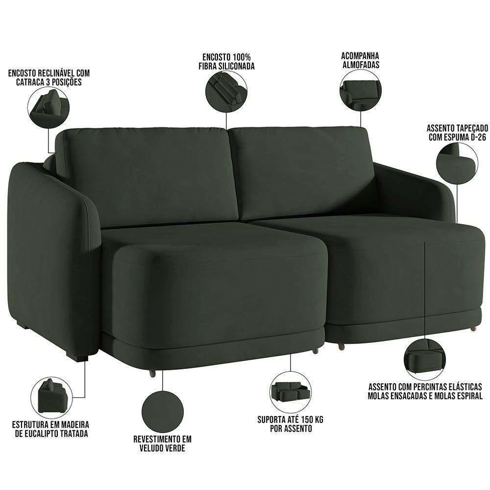 Sofá Cama Para Sala De Estar 3 Lugares 236cm Montserrat K01 Veludo Verde - Lyam Decor - 8