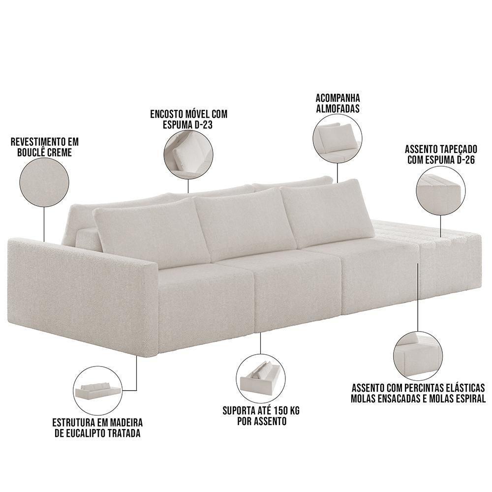 Sofá Ilha Modular Para Sala 312cm Com Puff Dublin K01 Bouclê Creme - Lyam Decor - 7