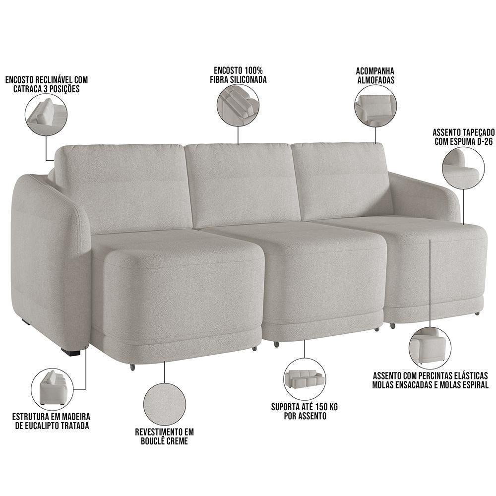 Sofá Cama Para Sala De Estar 3 Lugares 306cm Montserrat K01 Bouclê Creme - Lyam Decor - 8