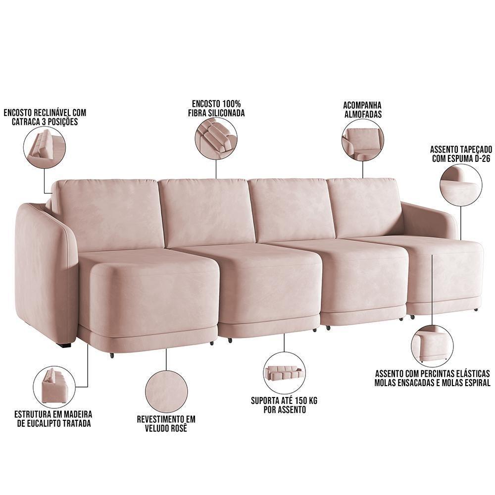 Sofá Cama Para Sala De Estar 4 Lugares 316cm Montserrat K01 Veludo Rosê - Lyam Decor - 8