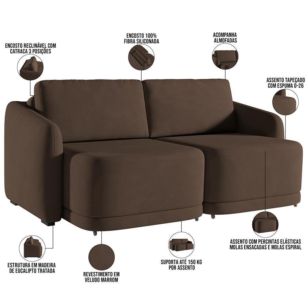 Sofá Cama Para Sala De Estar 2 Lugares 216cm Montserrat K01 Veludo Marrom - Lyam Decor - 8