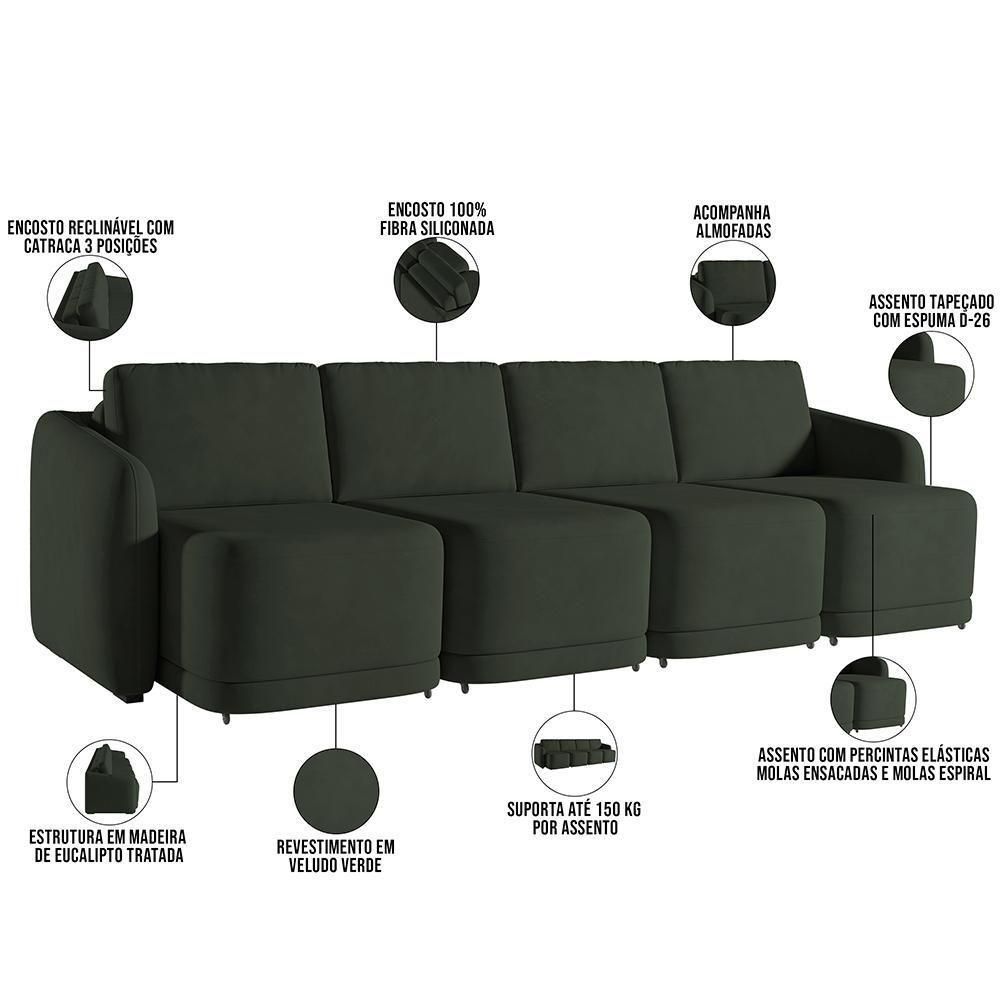 Sofá Cama Para Sala De Estar 5 Lugares 436cm Montserrat K01 Veludo Verde - Lyam Decor - 8