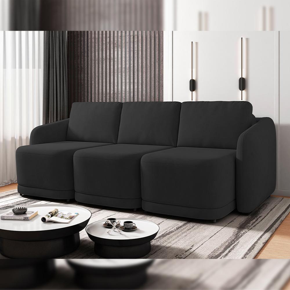 Sofá Cama Para Sala De Estar 3 Lugares 276cm Montserrat K01 Veludo Preto - Lyam Decor - 7