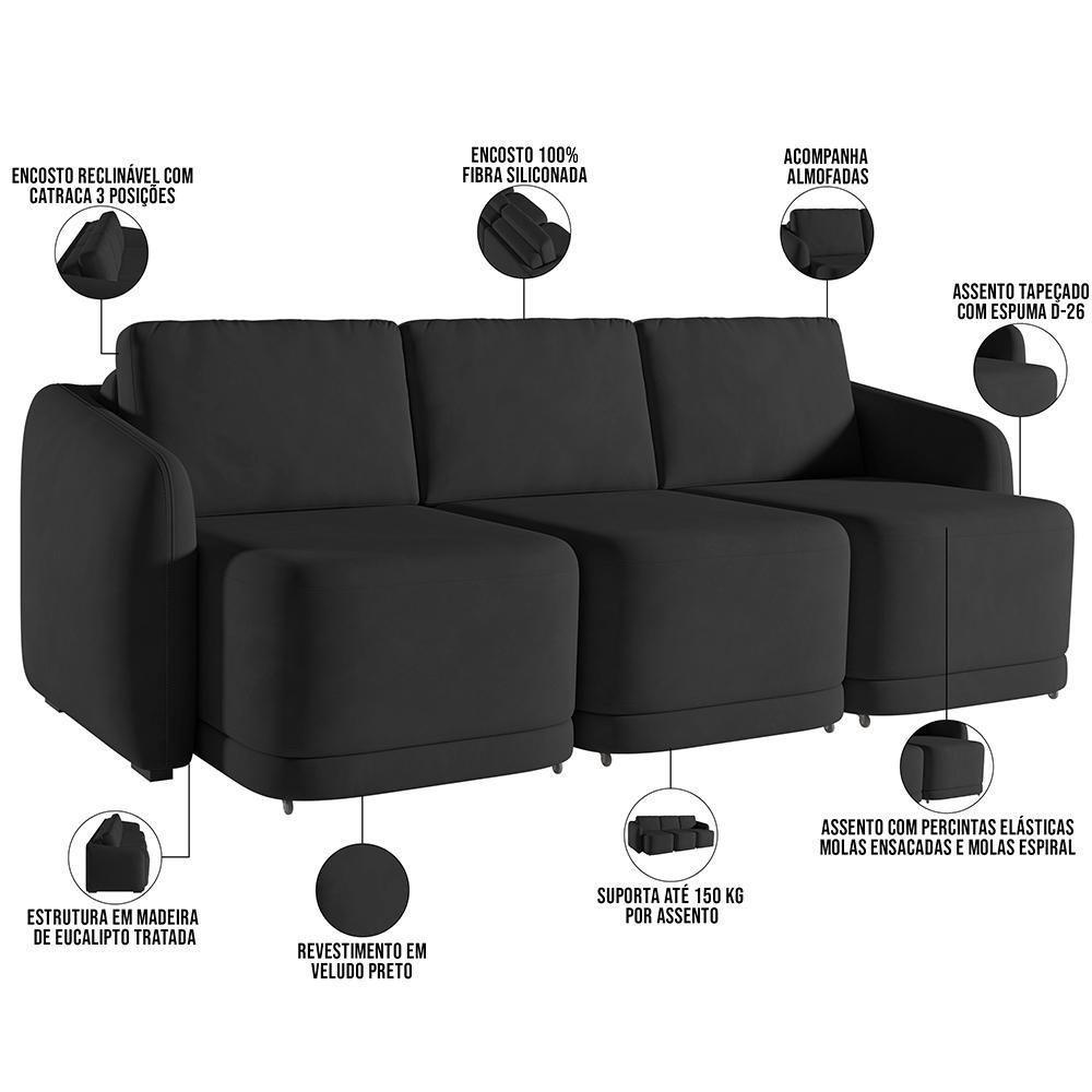 Sofá Cama Para Sala De Estar 3 Lugares 276cm Montserrat K01 Veludo Preto - Lyam Decor - 8