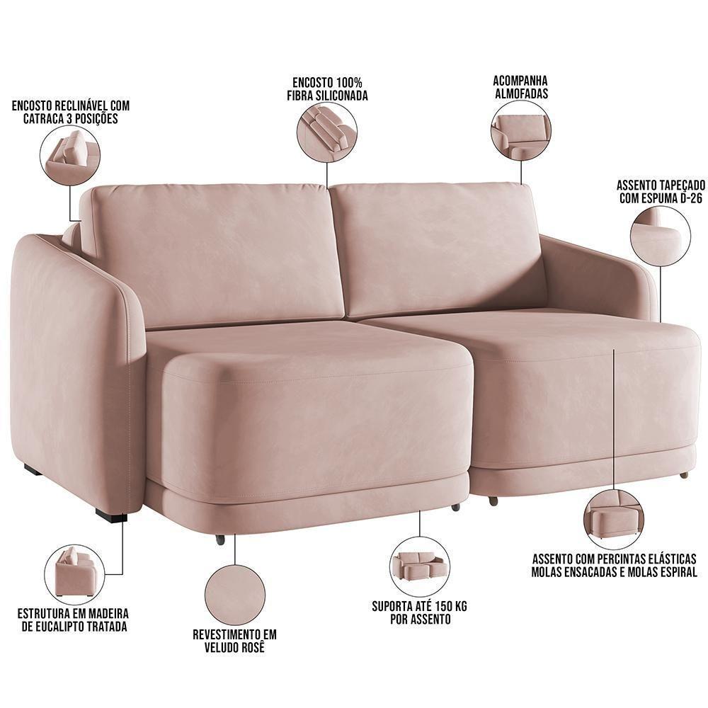 Sofá Cama Para Sala De Estar 3 Lugares 236cm Montserrat K01 Veludo Rosê - Lyam Decor - 8