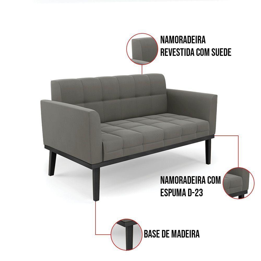 Sofá Namoradeira E 2 Poltronas Base De Madeira Preto Elisa Suede Grafite D03 - D'rossi - 3