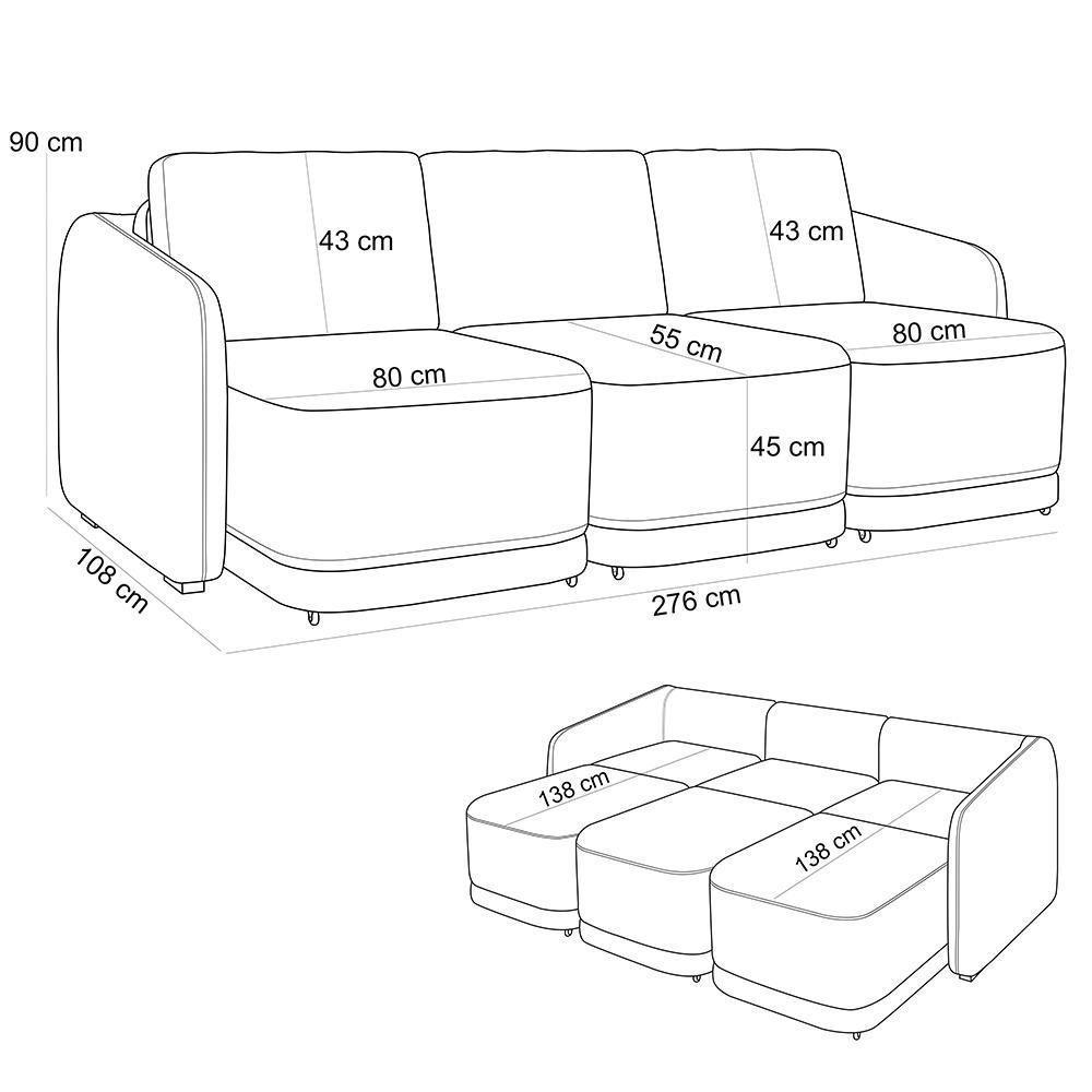 Sofá Cama Para Sala De Estar 3 Lugares 276cm Montserrat K01 Veludo Azul Marinho - Lyam Decor - 4