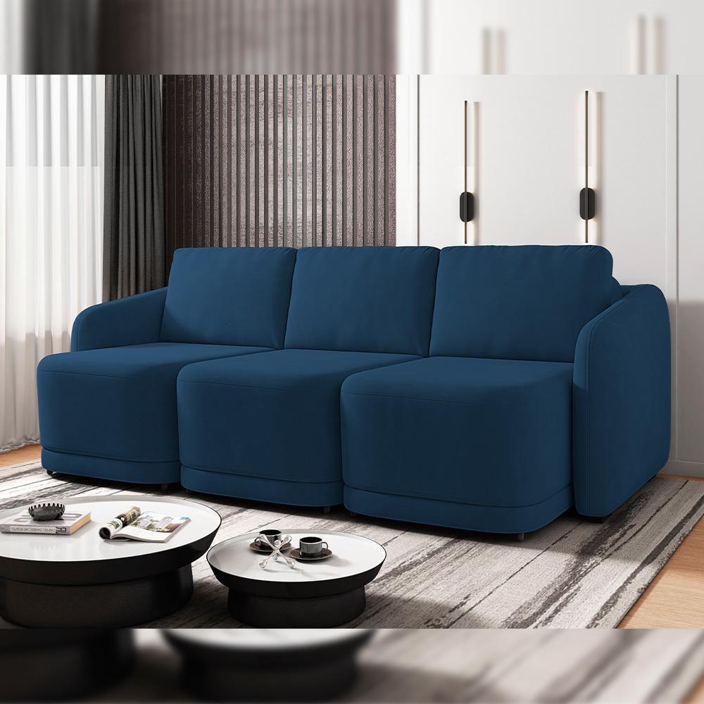 Sofá Cama Para Sala De Estar 3 Lugares 276cm Montserrat K01 Veludo Azul Marinho - Lyam Decor - 7