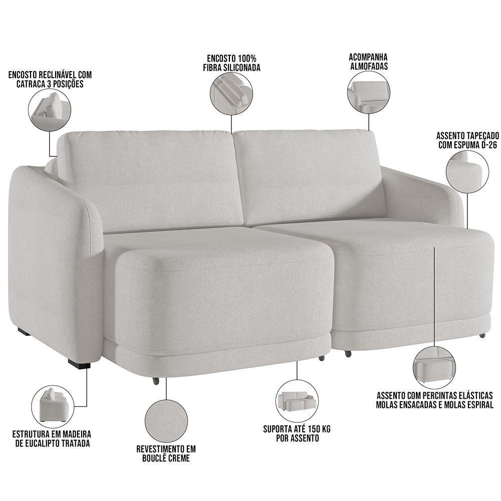 Sofá Cama Para Sala De Estar 3 Lugares 236cm Montserrat K01 Bouclê Creme - Lyam Decor - 8