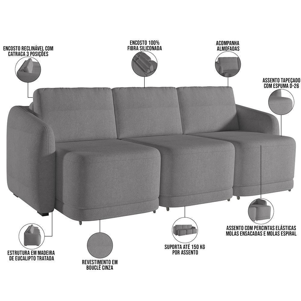 Sofá Cama Para Sala De Estar 4 Lugares 336cm Montserrat K01 Bouclê Cinza - Lyam Decor - 8