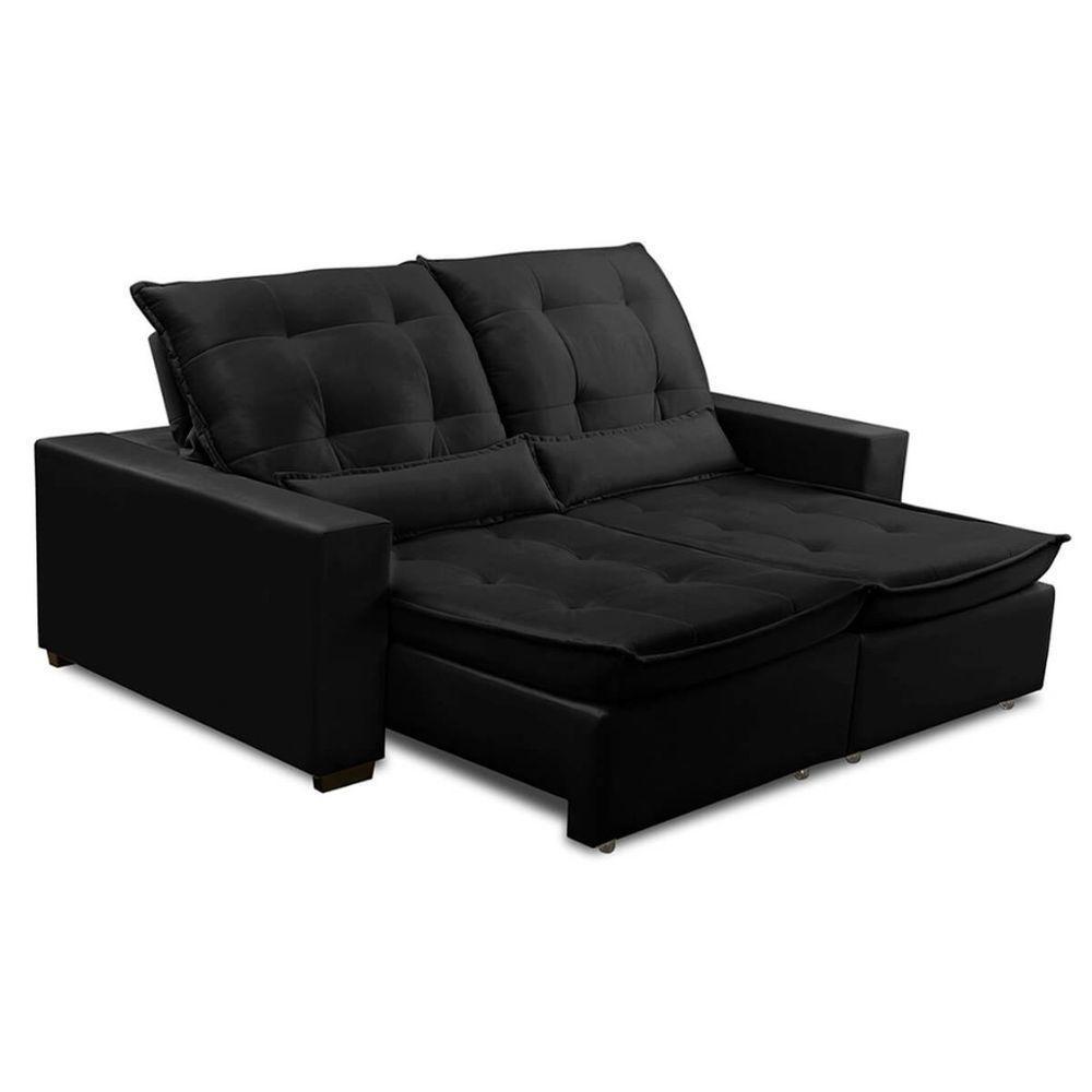 Sofa Retratil Reclinavel 2 Lugares 2,70m Atlantis Veludo Preto Lansofbr - 1