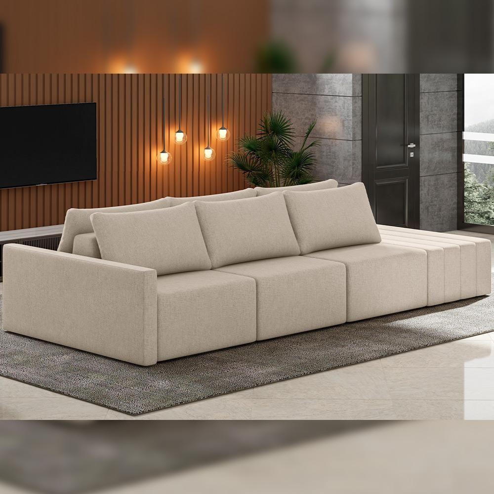 Sofá Ilha Modular Para Sala 342cm Com Puff Dublin K01 Linho Bege - Lyam Decor - 6