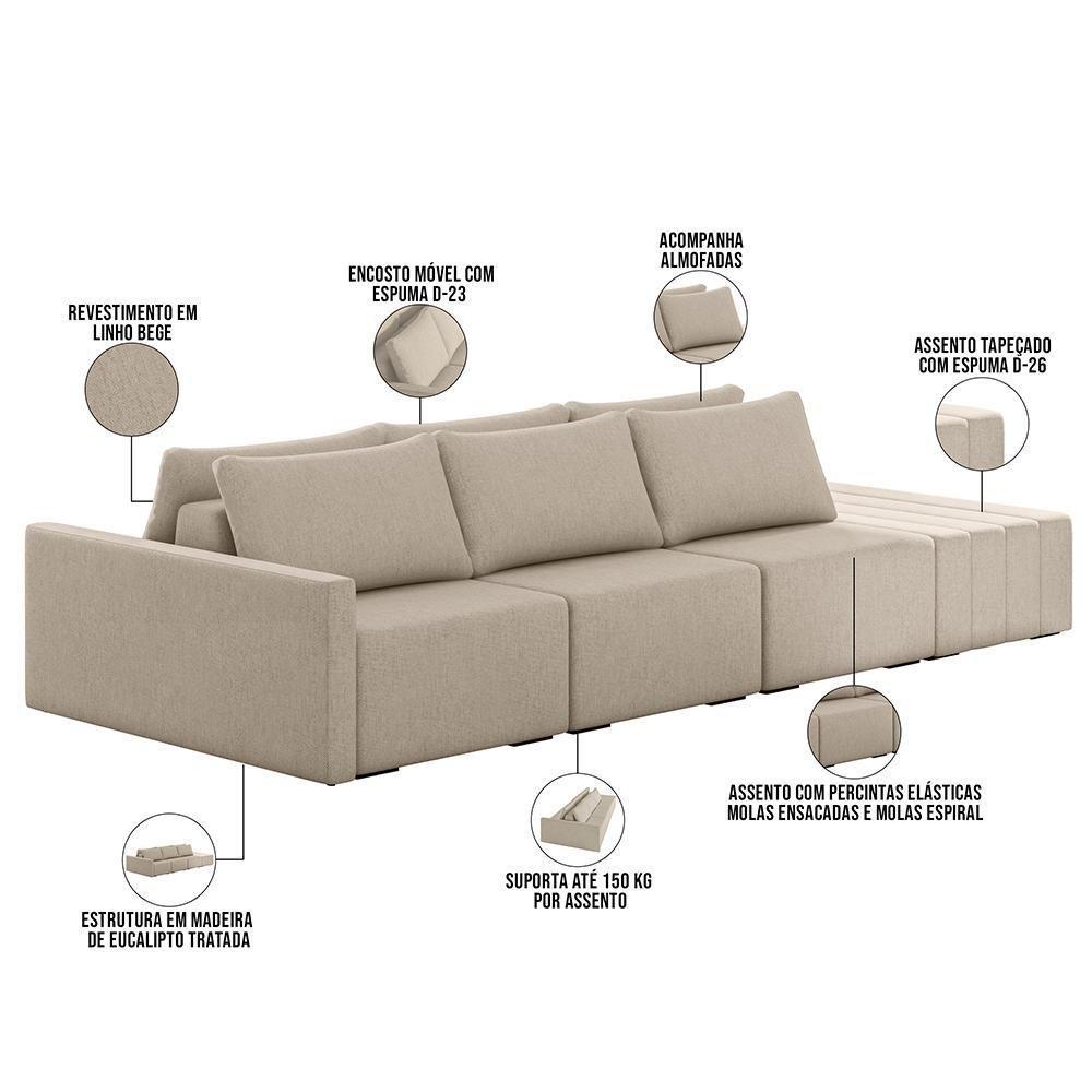 Sofá Ilha Modular Para Sala 342cm Com Puff Dublin K01 Linho Bege - Lyam Decor - 7
