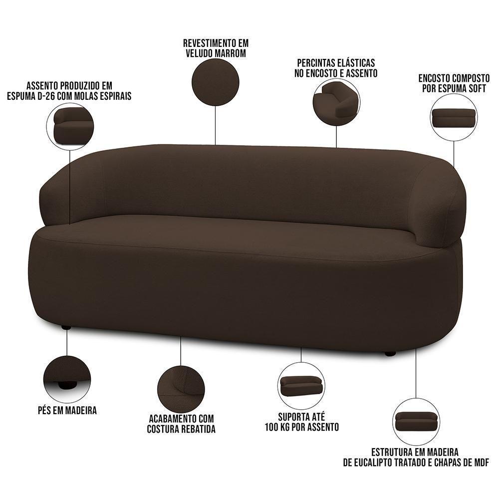 Sofá 3 Lugares Orgânico Sala De Estar Living 170cm Carmen F04 Veludo Marrom - Lyam Decor - 7