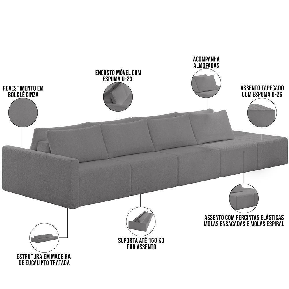 Sofá Ilha Modular Para Sala 392cm Com Puff Dublin K01 Bouclê Cinza - Lyam Decor - 7