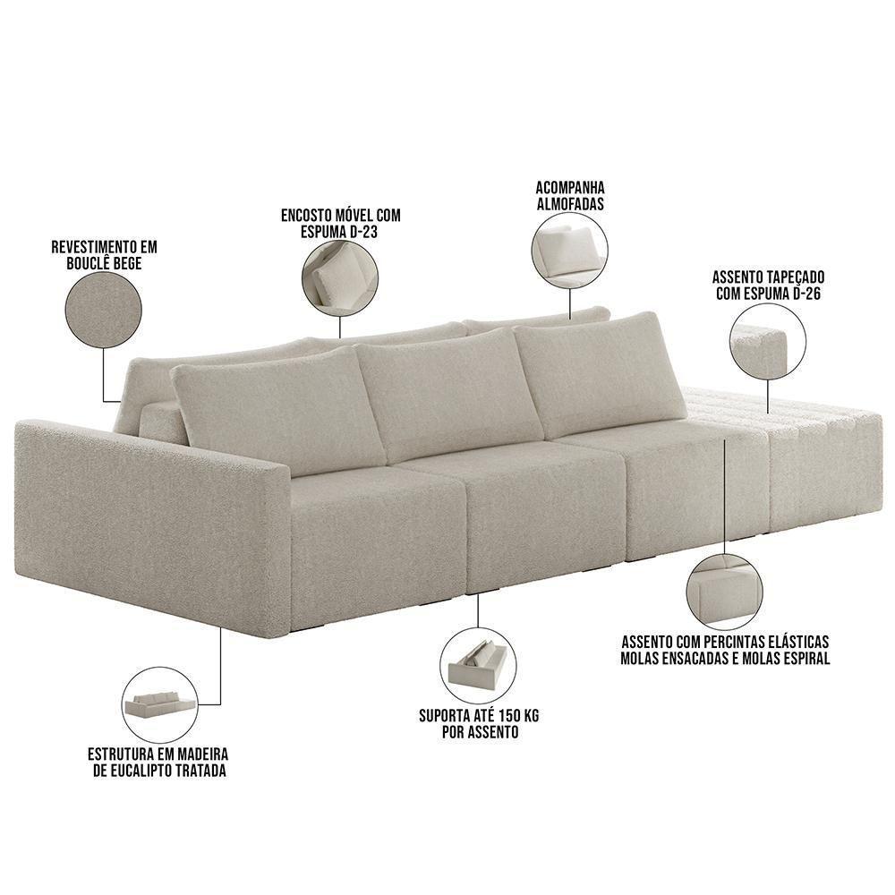 Sofá Ilha Modular Para Sala 342cm Com Puff Dublin K01 Bouclê Bege - Lyam Decor - 7