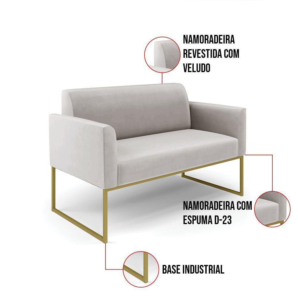 Sofá Namoradeira Com Poltrona Base Industrial Dourado Marisa Veludo Cinza D03 - D'rossi - 3