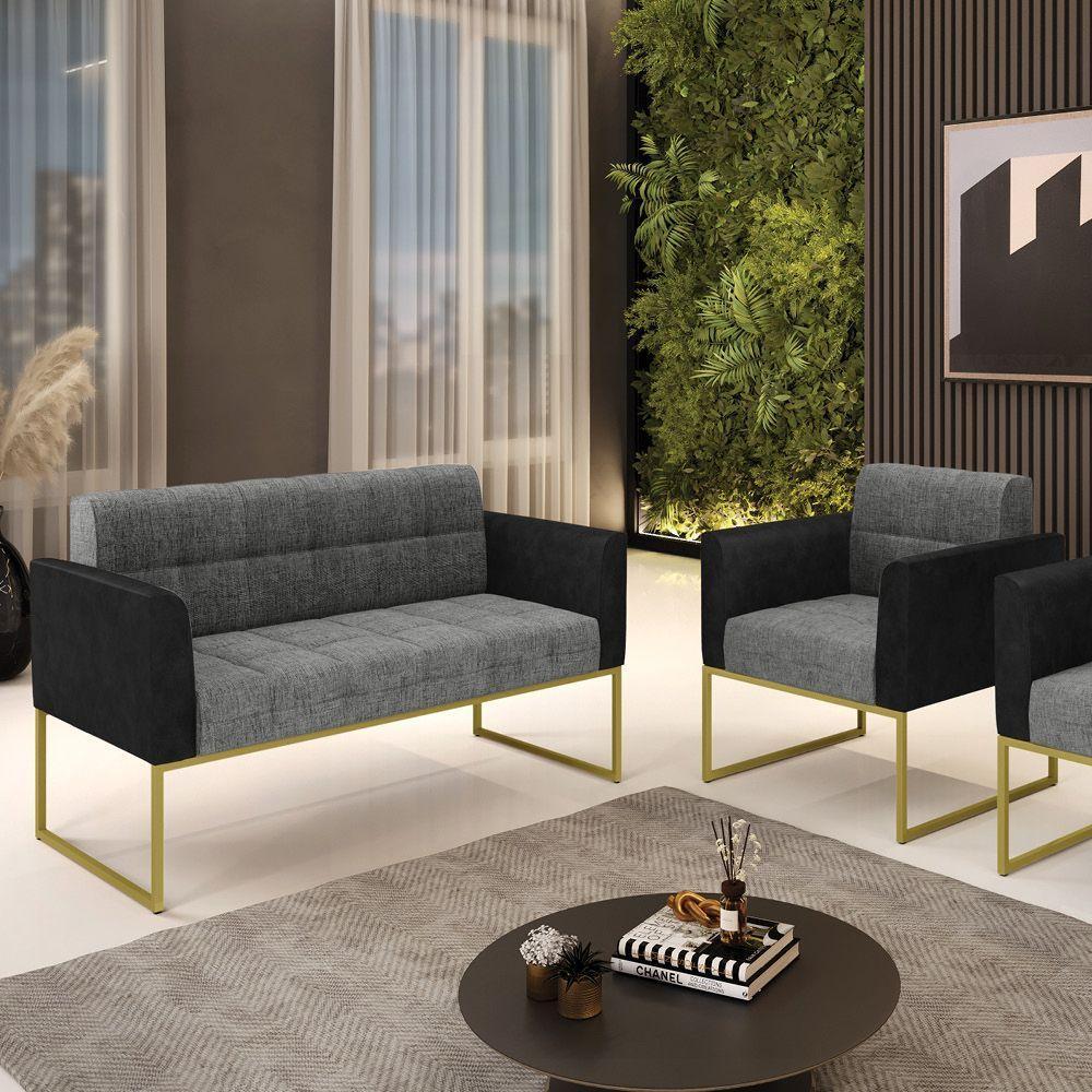 Sofá Namoradeira E Poltrona Base Industrial Dourado Elisa Preto-linho Grafite A26 D03 - D'rossi - 8