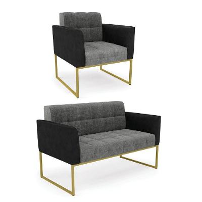 Sofá Namoradeira E Poltrona Base Industrial Dourado Elisa Preto-linho Grafite A26 D03 - D'rossi
