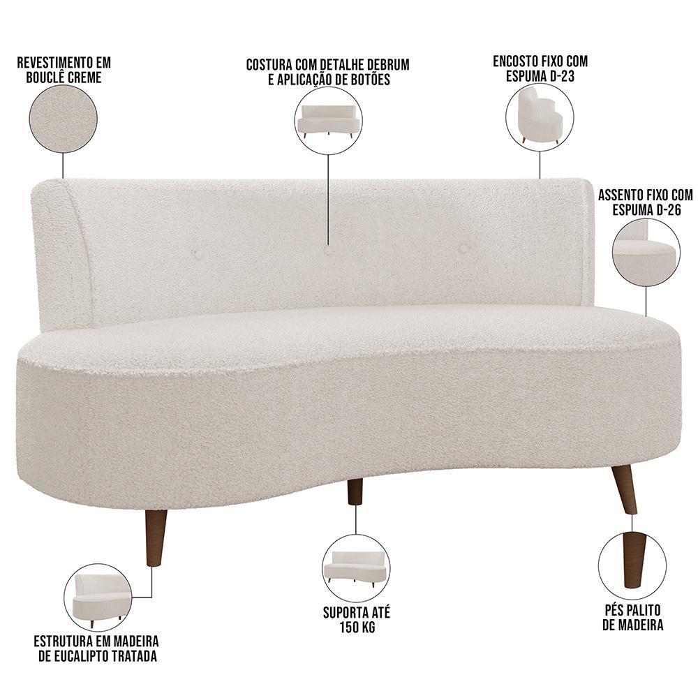 Sofá Chaise Living 2 Lugares 135cm Sala De Estar Istambul K01 Bouclê Creme - Lyam Decor - 7