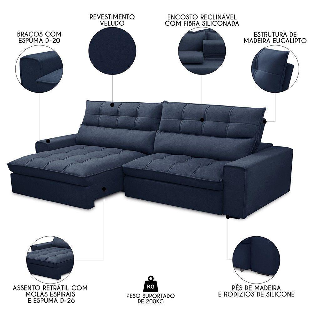 Sofá Retrátil Reclinável 3 Lugares 250cm Damy F05 Veludo Azul - 6