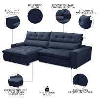 Sofá Retrátil Reclinável 3 Lugares 250cm Damy F05 Veludo Azul - 6