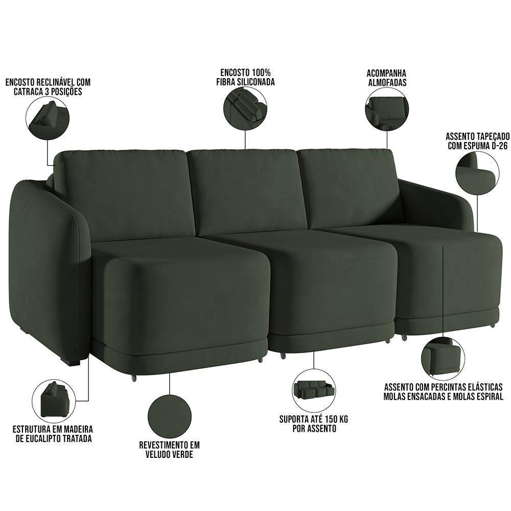 Sofá Cama Para Sala De Estar 4 Lugares 336cm Montserrat K01 Veludo Verde - Lyam Decor - 8