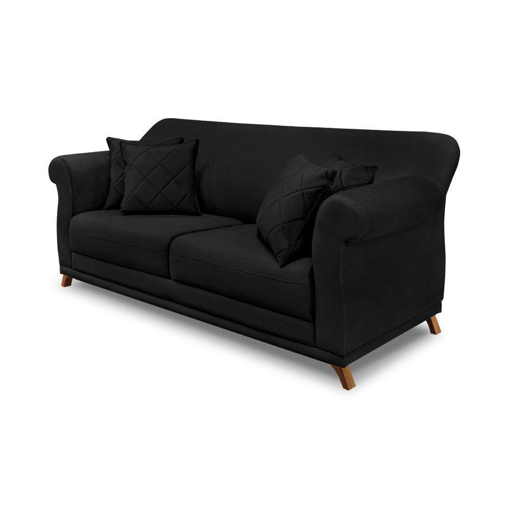 Sofá 3 Lugares Pé De Madeira Julieta 220 Cm Suede Preto S04 - D'rossi - 1
