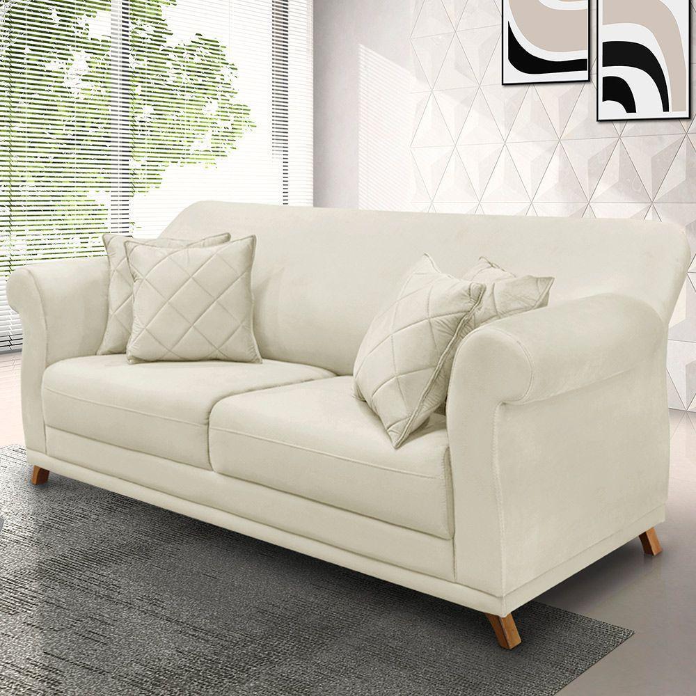 Sofá 3 Lugares Pé De Madeira Julieta 220 Cm Veludo S04 - D'rossi Cor Bege - 6