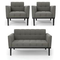 Sofá Namoradeira E 2 Poltronas Base De Madeira Preto Elisa Suede D03 - D'rossi Cor Grafite - 1