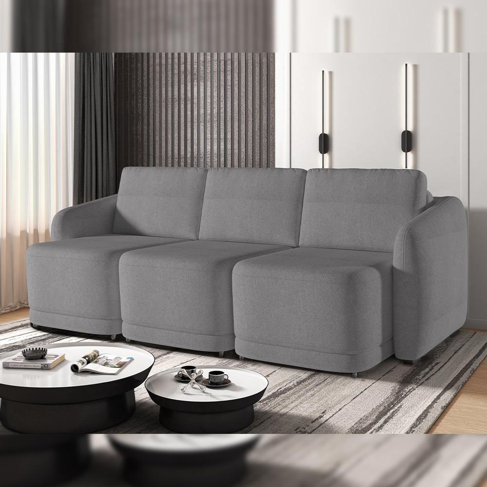 Sofá Cama Para Sala De Estar 3 Lugares 306cm Montserrat K01 Bouclê Cinza - Lyam Decor - 7