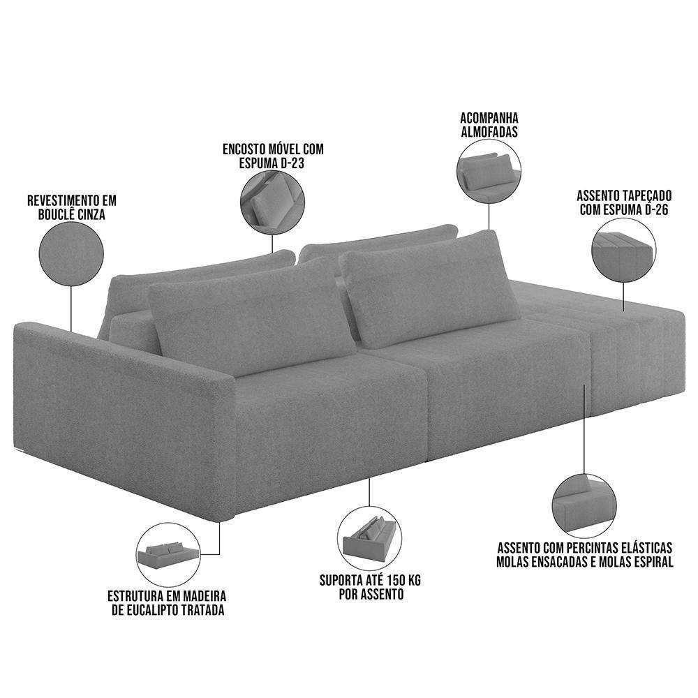 Sofá Ilha Modular Para Sala 232cm Com Puff Dublin K01 Bouclê Cinza - Lyam Decor - 7