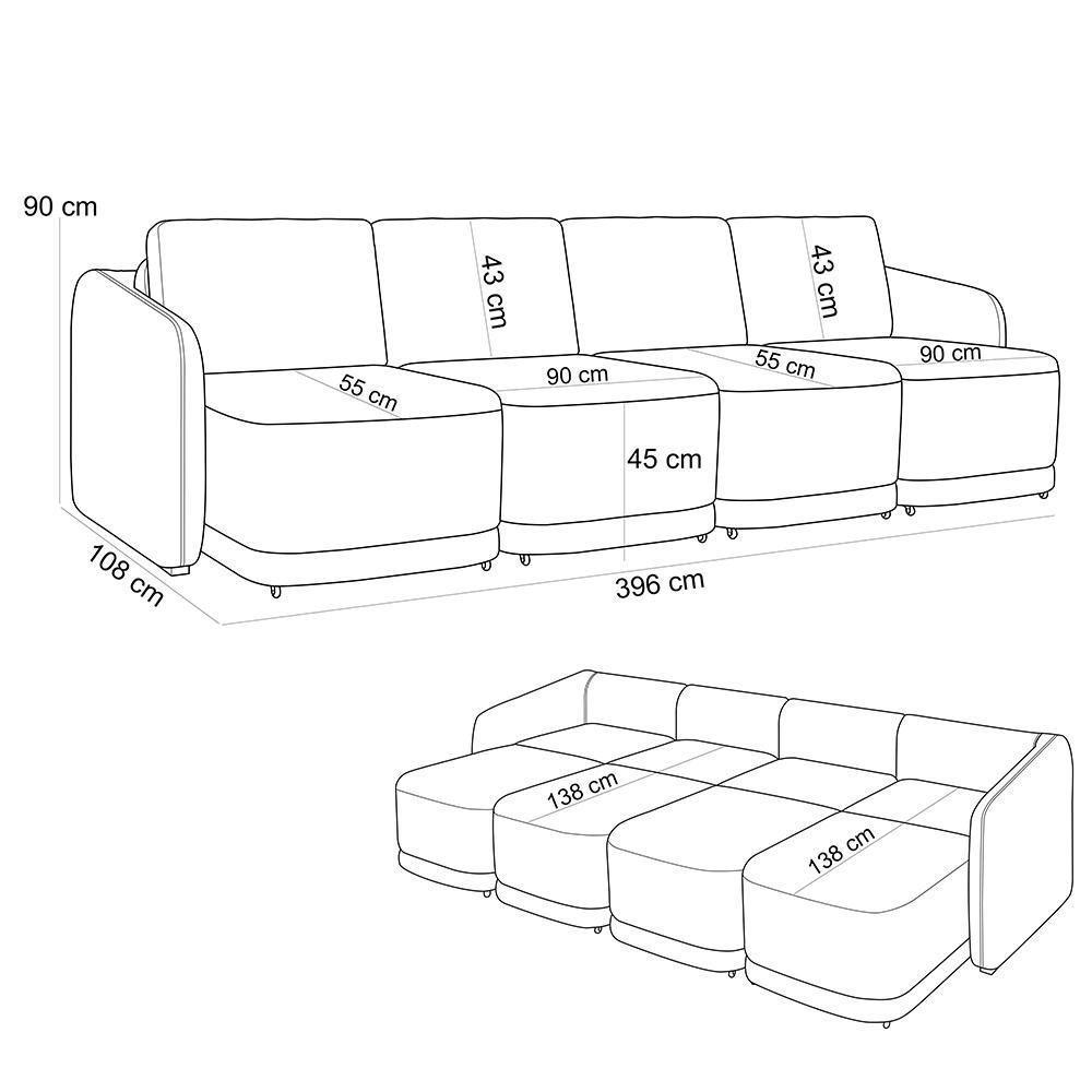 Sofá Cama Para Sala De Estar 4 Lugares 396cm Montserrat K01 Veludo Preto - Lyam Decor - 4