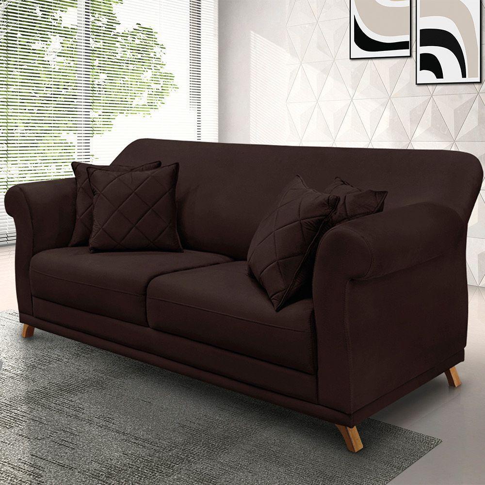 Sofá 3 Lugares Pé De Madeira Julieta 220 Cm Suede Café S04 - D'rossi - 6