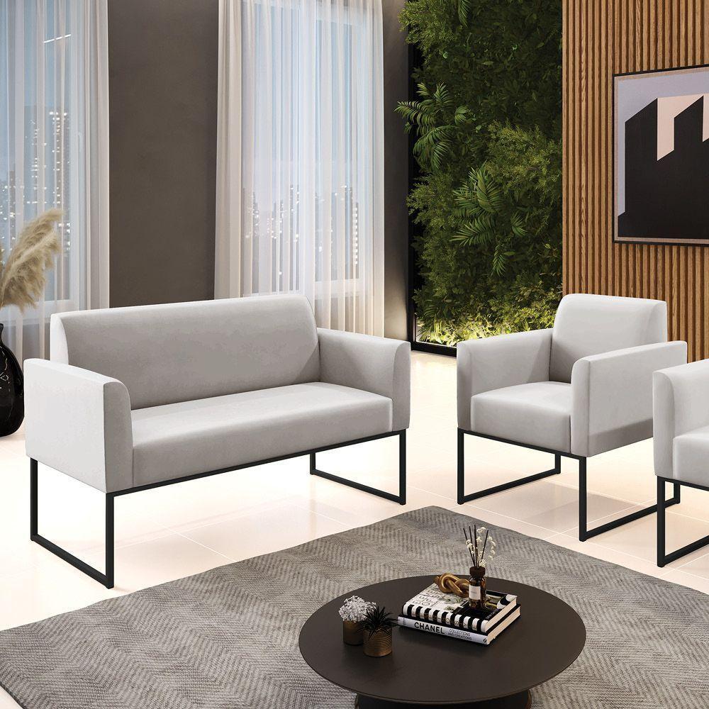 Sofá Namoradeira Com Poltrona Base Industrial Preto Marisa Veludo Cinza D03 - D'rossi - 8