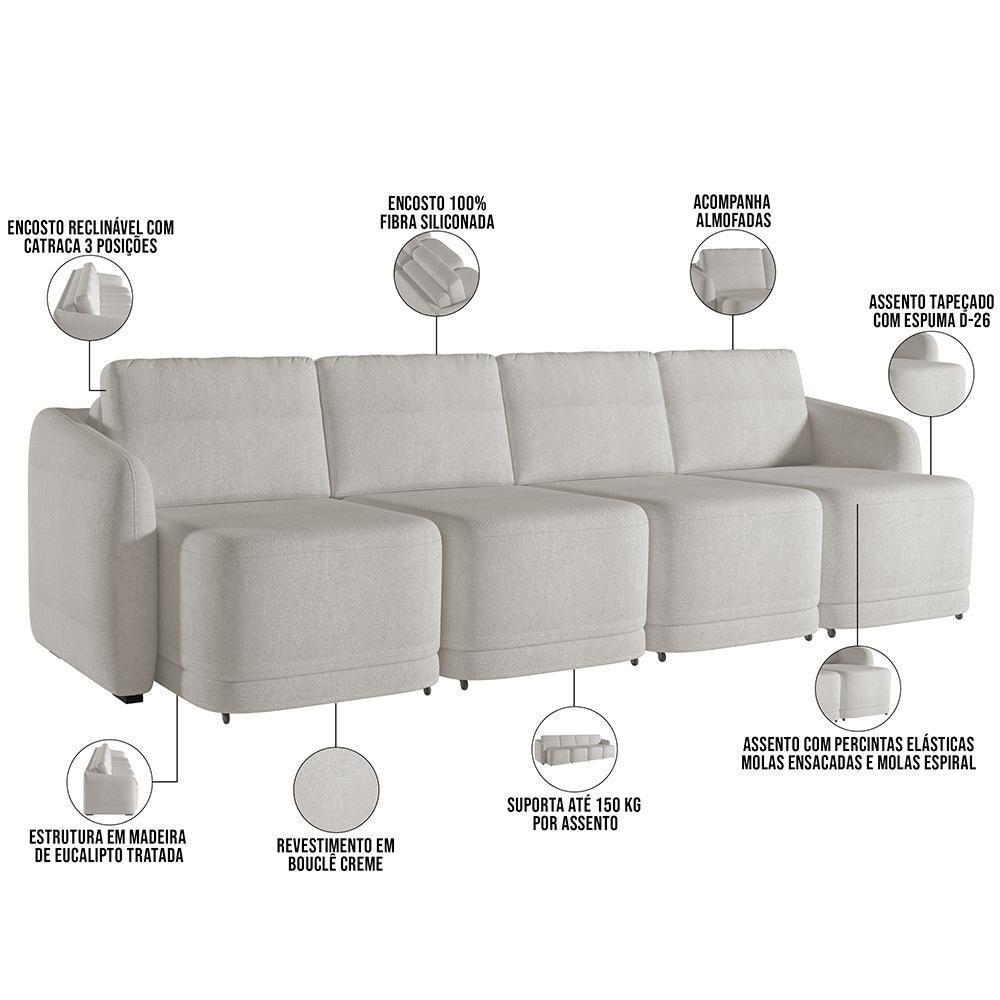 Sofá Cama Para Sala De Estar 4 Lugares 356cm Montserrat K01 Bouclê Creme - Lyam Decor - 8